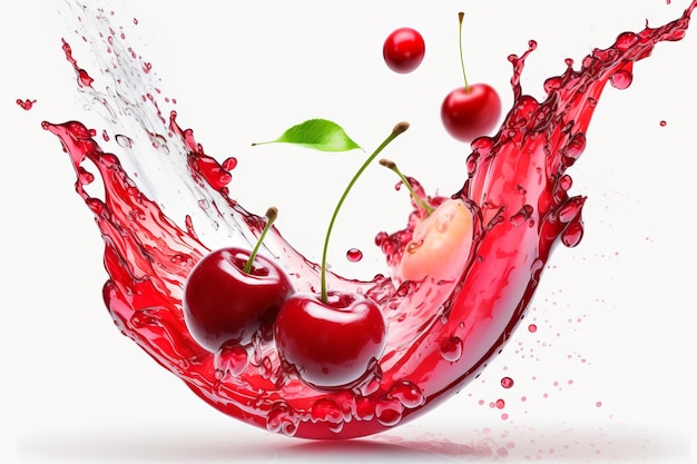 Photo cherries with splashes of fresh juice closeup on white background