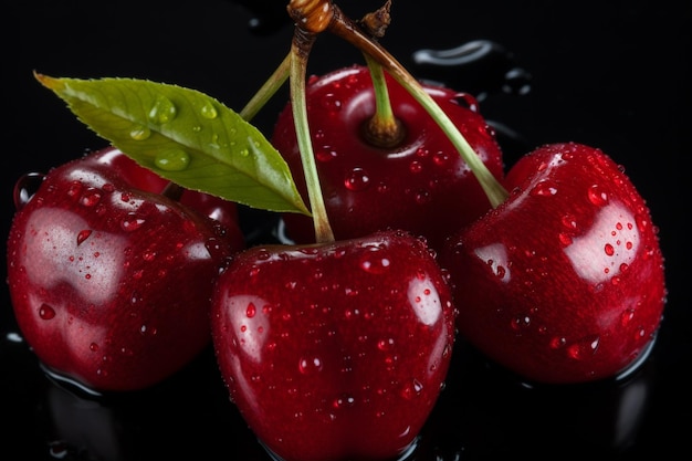 Cherries with water drops on a black background closeup