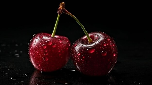 Cherries with water drops on a black background closeupgenerative ai