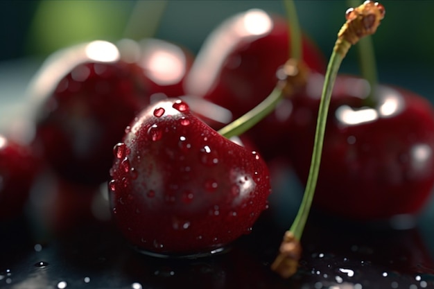 Cherries with water drops on a black background