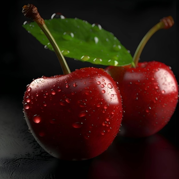 Cherries with water drops on a dark background closeup