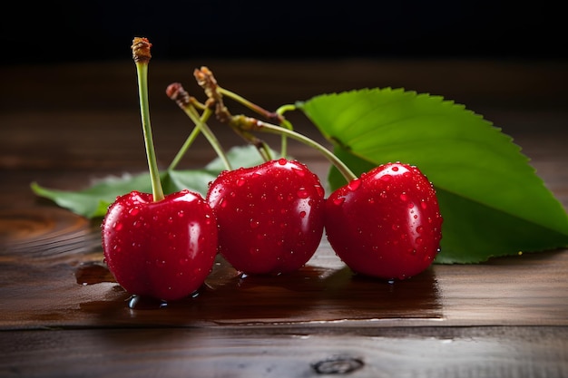 Cherries with water drops on wooden background