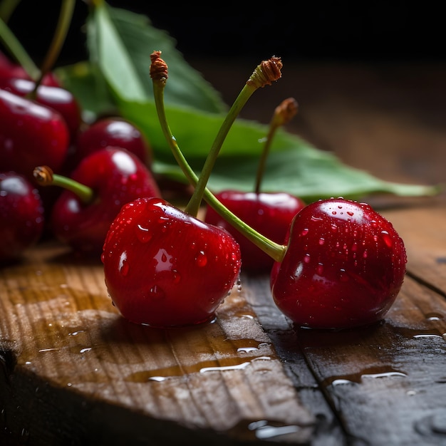 Cherries on a wooden table with water drops
