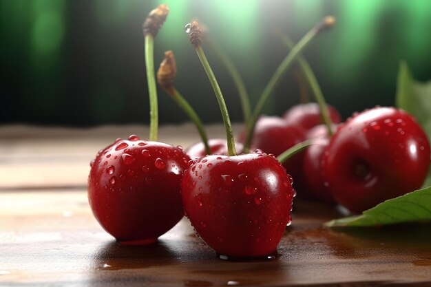 Cherries on a wooden table with water drops