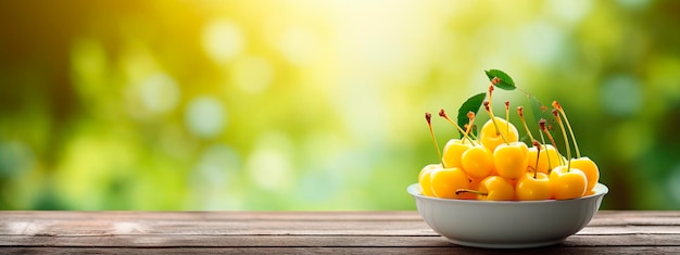 Cherries yellow in a bowl in the garden Selective focus