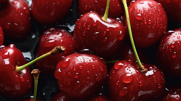 Cherry background with drops of water Top down view