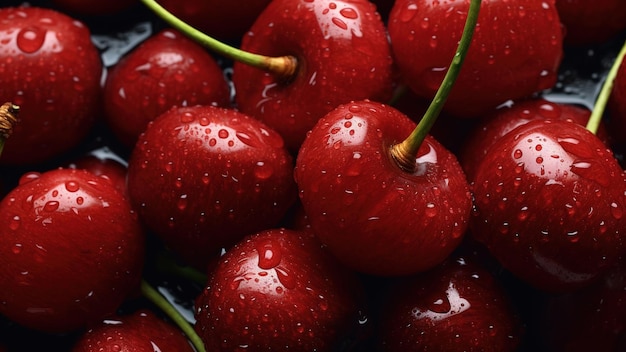 Photo cherry background with drops of water top down view