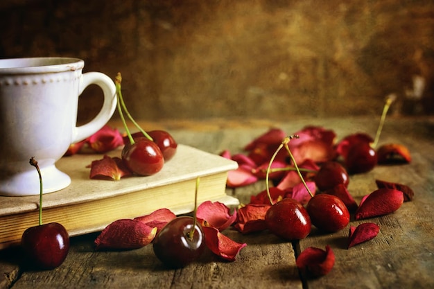 Cherry berry on wooden background retro