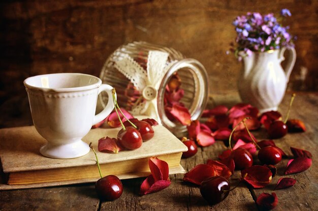 Cherry berry on wooden background retro