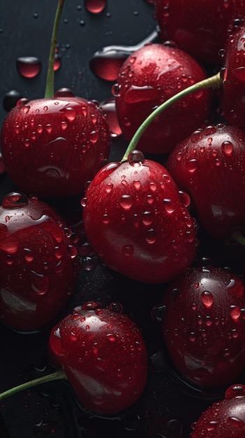 Cherry on a black background with water drops
