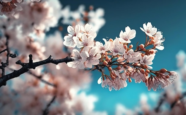 桜は空の背景の後ろに満開です