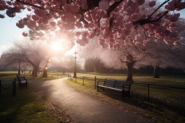 Cherry blossom bloom in an empty park with the sun shining through created with generative ai