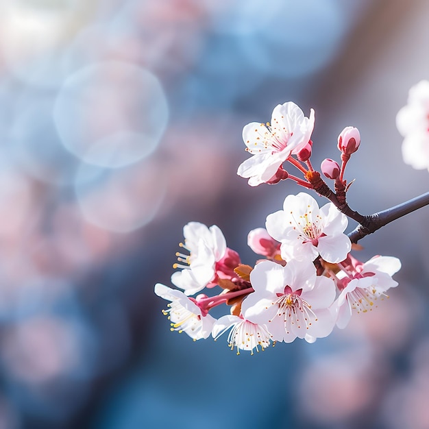 Cherry blossom on blue sky background with copy space for text