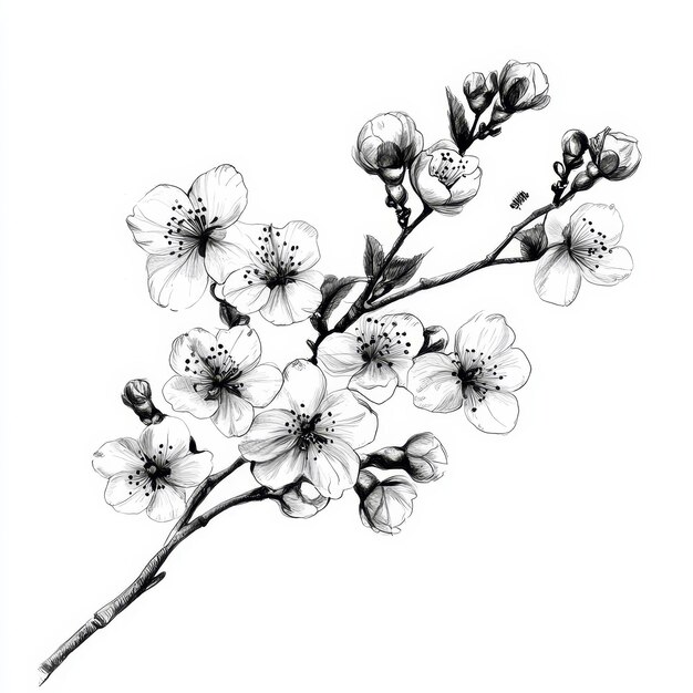 Photo cherry blossom branch isolated on white background hand drawn illustration