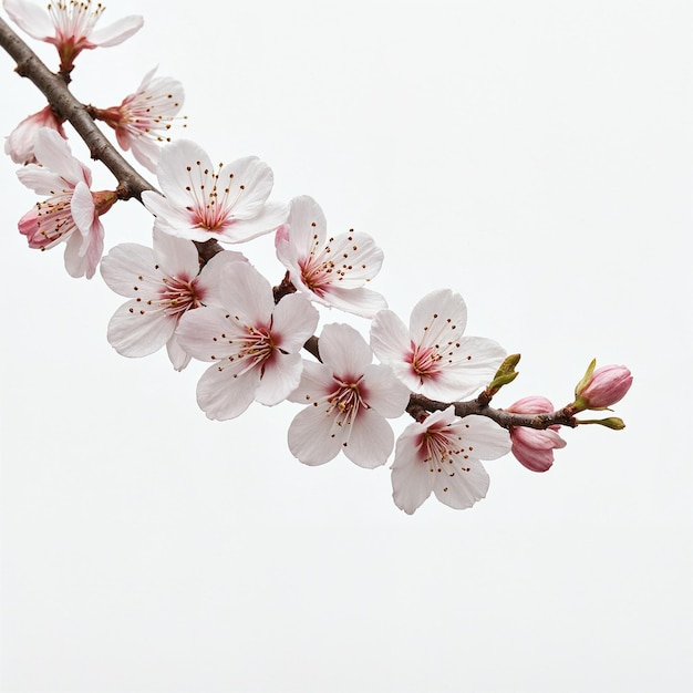 cherry blossom branch with pink flowers against a white background.