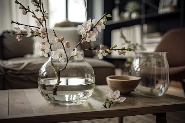 Cherry blossom branches in a glass vase close up on a wooden table desk or shelf with a fuzzy perspective of a bohemian living room with a sofa