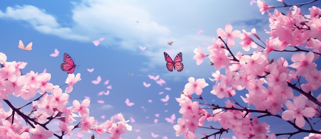 cherry blossom and butterfly on blue sky background with copy space