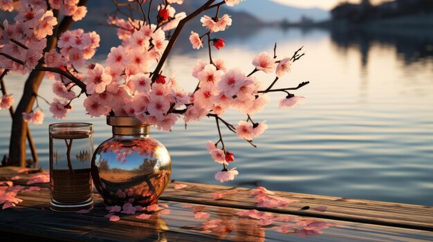 Cherry blossom by lake hd 8k wallpaper stock photographic image
