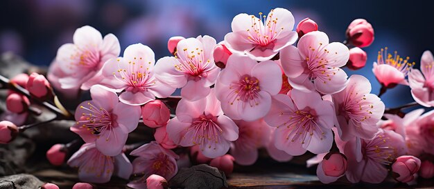 写真 ボケ背景の木製のテーブルに桜の花が ⁇ いています