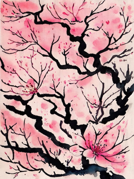 Cherry Blossom Flowers Watercolor Painting