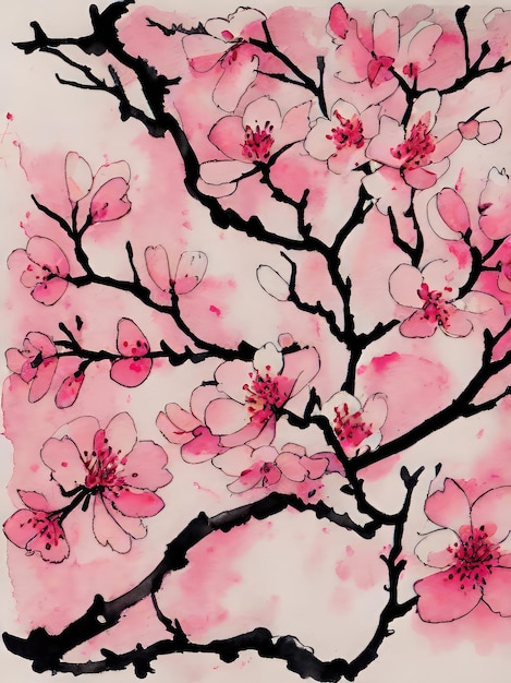 Cherry Blossom Flowers Watercolor Painting