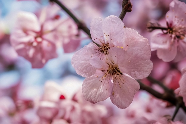 桜の花は柔らかくぼんやりした背景で,明るいピンクの色の振動で,美しい開花