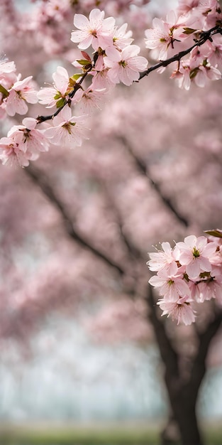 Cherry blossom in full bloom against stark minimalist landscape Soft spring breeze brings petals to life