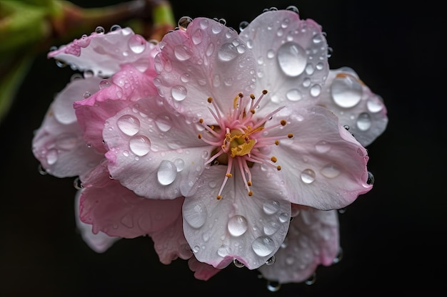 Cherry blossom in full bloom with dew drops on petals created with generative ai