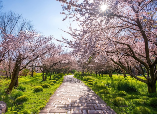 пейзаж в саду с вишнёвыми цветами