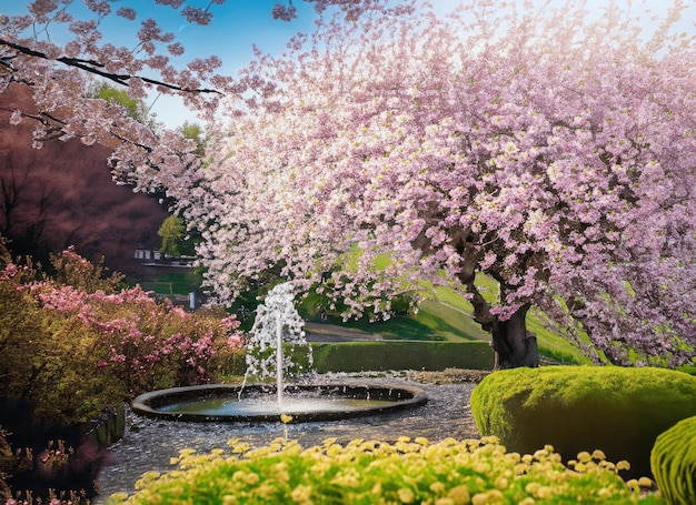 пейзаж в саду с вишнёвыми цветами