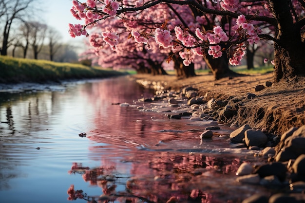 Photo cherry blossom and gentle river