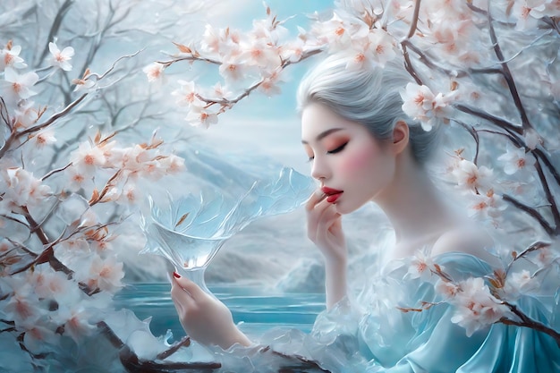 Cherry blossom illustration with ice and lady