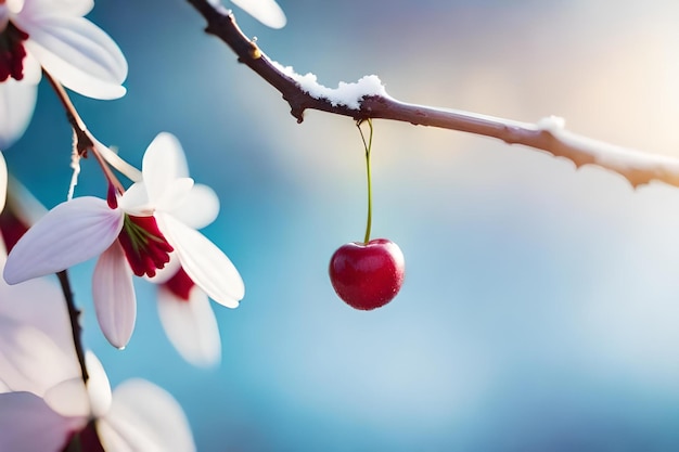 Photo a cherry blossom is hanging from a branch with snow on it.