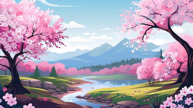 Photo cherry blossom landscape with a river and mountains in the background