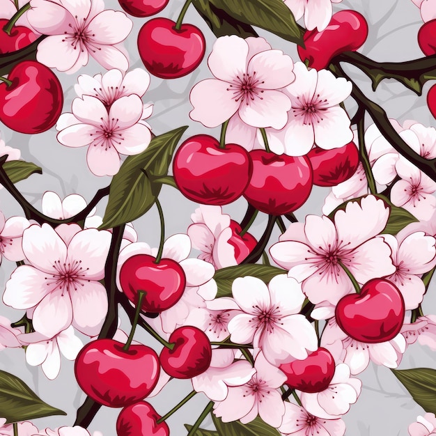 Cherry blossom mix with polka dots seamless pattern
