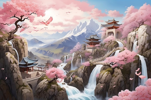 Cherry blossom and pagoda in the mountains