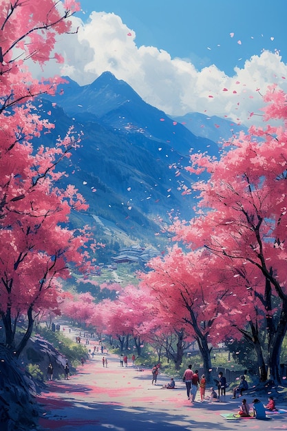 澄んだ空の下の桜の花の公園