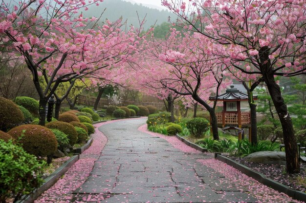 Cherry Blossom Path through a Beautiful Landscape Garden