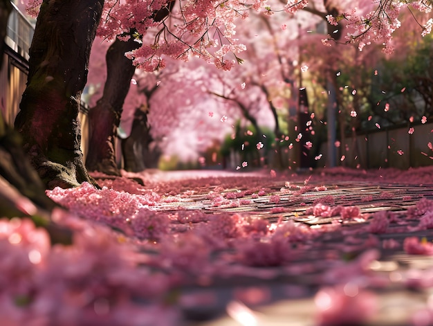 Фото Листья вишневых цветов падают на землю в парке