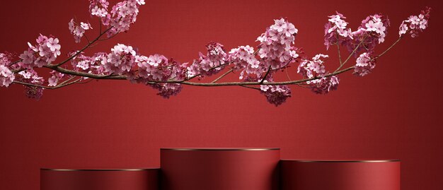 cherry blossom and podium with red background for product presentation3d rendering illustration