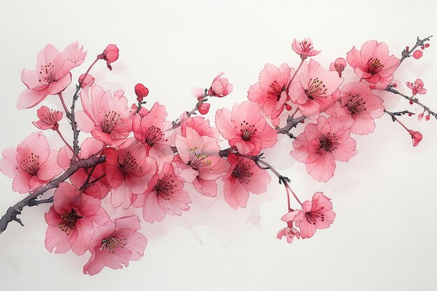 白い背景の桜の花のサキュラの枝 水彩画