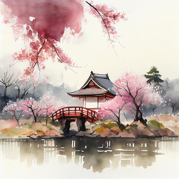 Cherry blossom sakura flowers Japanese watercolor landscape illustration