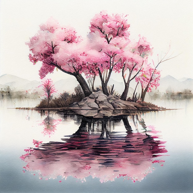 Cherry blossom sakura flowers Japanese watercolor landscape illustration