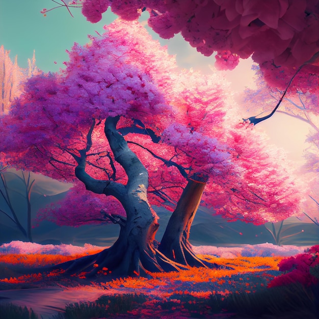 Вишневый цвет сакура розовые деревья японская пейзажная иллюстрация
