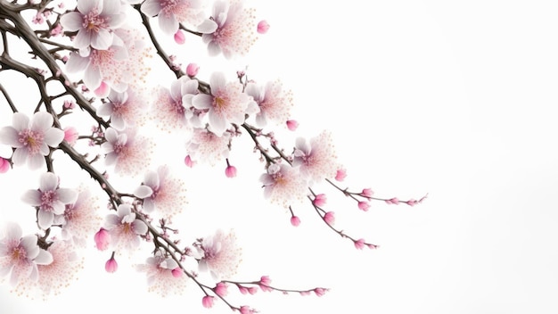 Cherry blossom or sakura tree branch on white copy space background