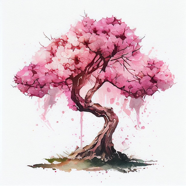 Cherry blossom sakura tree with pink flowers watercolor landscape illustration