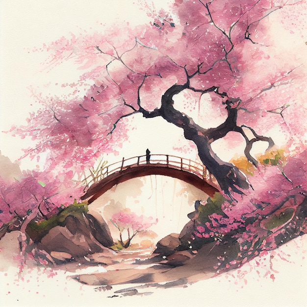 Cherry blossom sakura tree with pink flowers watercolor landscape illustration