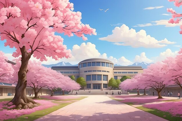 Cherry blossom and school building in spring