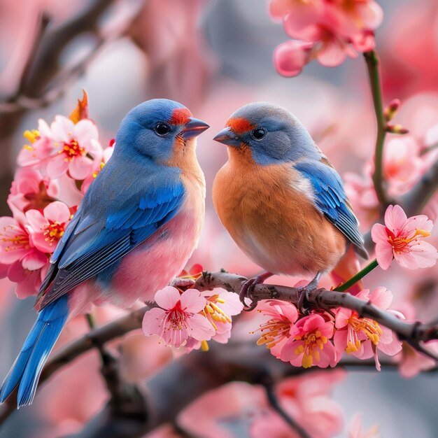 Cherry blossom serenity Colorful birds perched on a cherry tree For Social Media Post Size