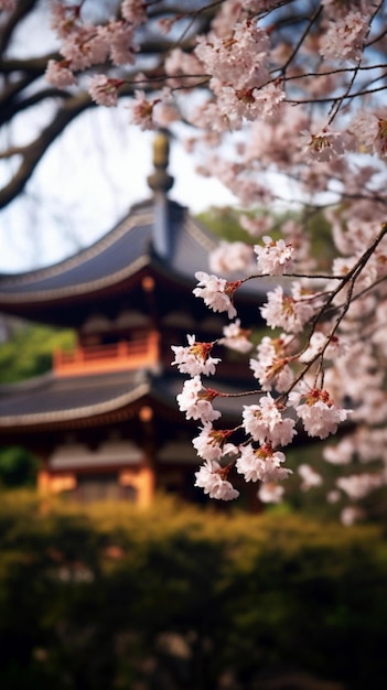 Cherry Blossom Serenity A Stunning Garden View with a Japanese Pagoda